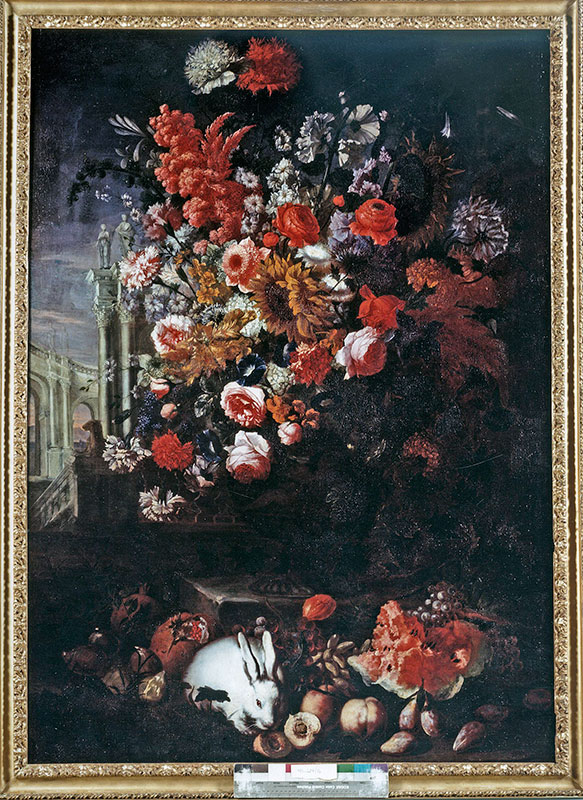 Anonimo — Vogelaer Karel van - sec. XVII - Natura morta con fiori, frutta e coniglio — insieme